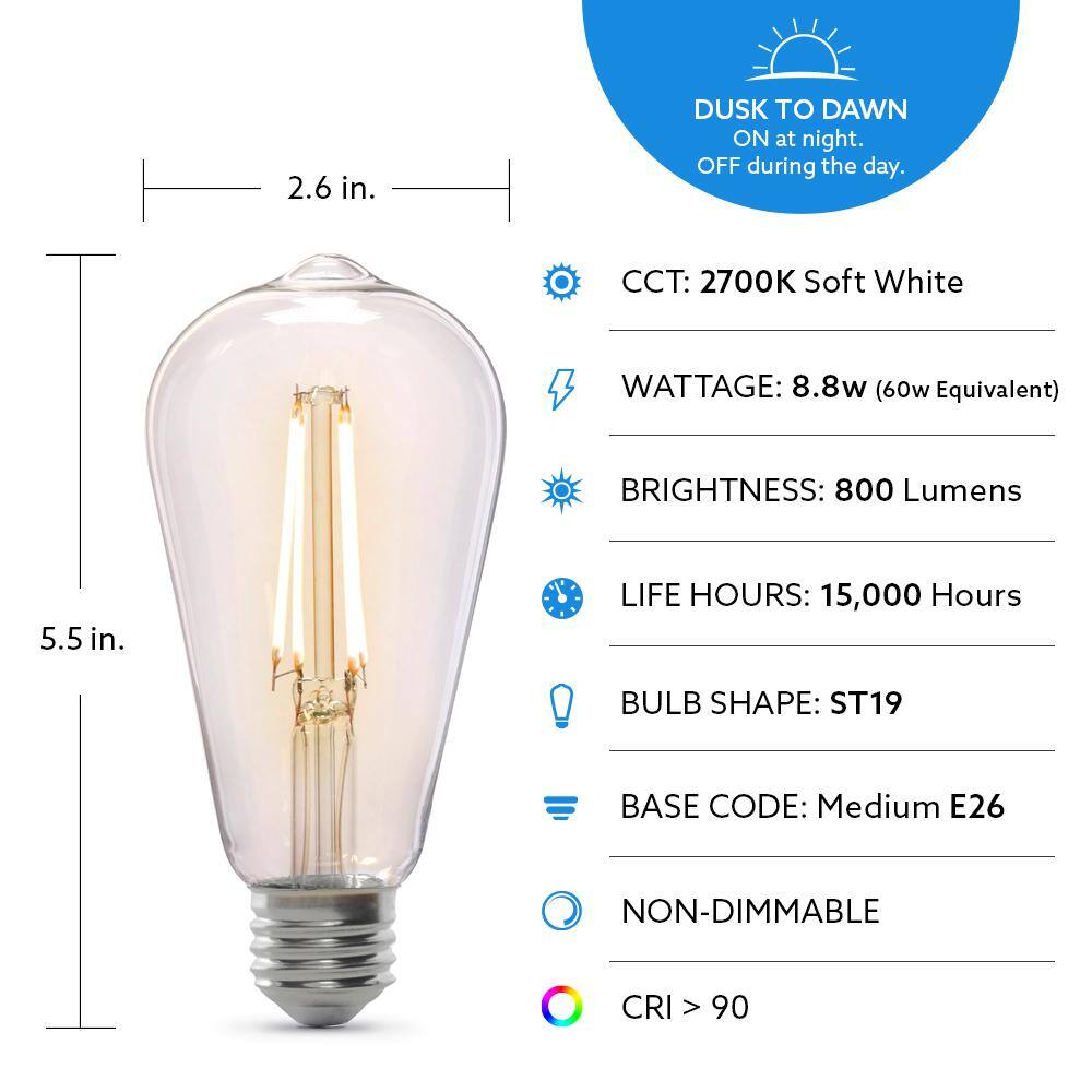 Feit Electric 60-Watt Equivalent ST19 Straight Filament Dusk to Dawn Clear Glass E26 Vintage Edison LED Light Bulb Soft White ST19CL927CADDHDRP