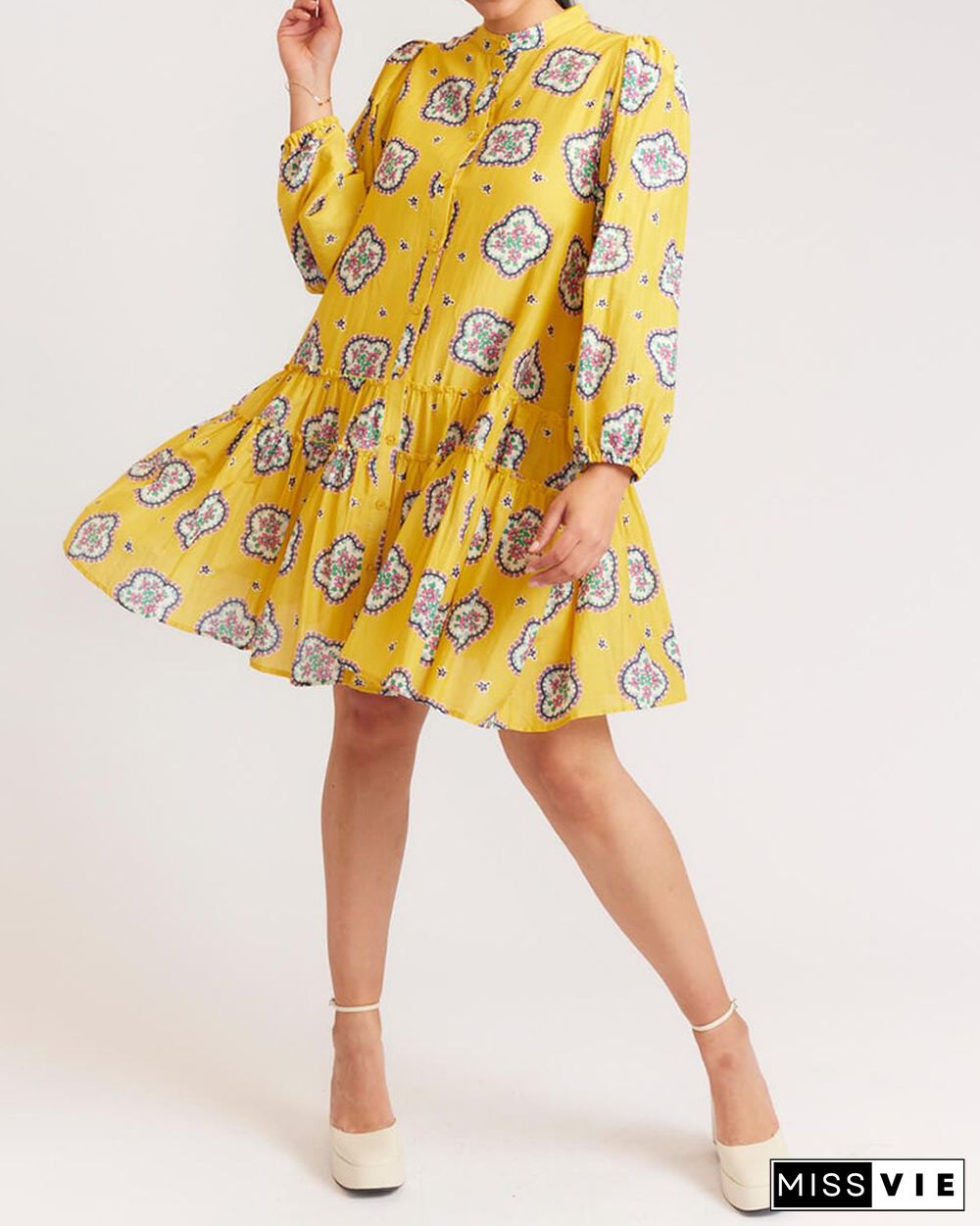 Cropped Sleeve Printed Loose Pleated Dress