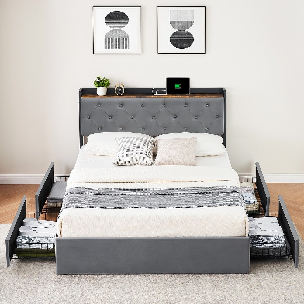 Upholstered Velvet Platform Bed Frame with 4 Storage Drawers and Charging Station