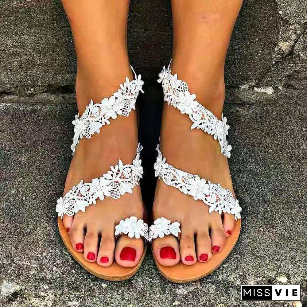 White Lace Sandals Women Flip Flops Flat Sandals Women Bohemia Beach Shoes Women Plus Size Summer Fashion Woman WSH3628