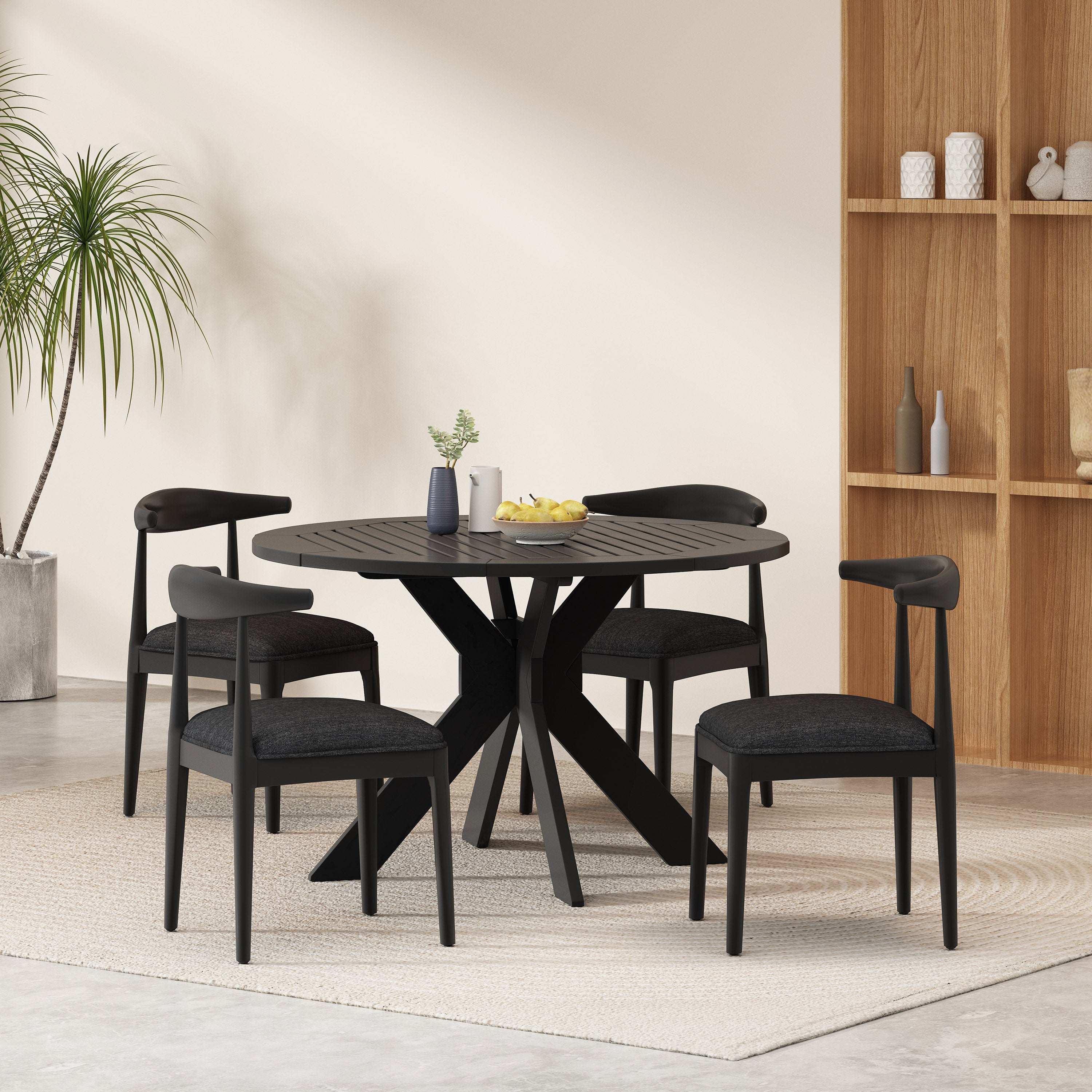 Shelton Mid Century Modern Fabric Upholstered Wood 5 Piece Dining Set, Black Textured Tweed and Black