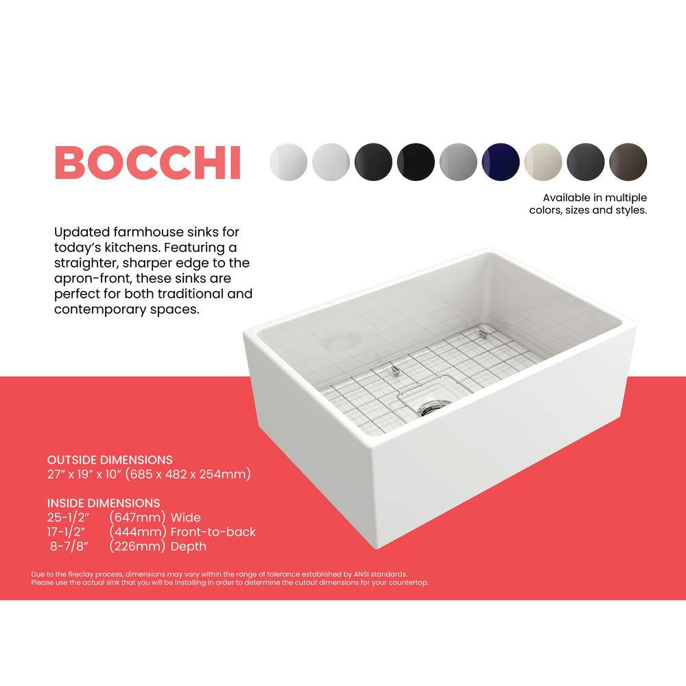 BOCCHI Contempo Farmhouse Apron Front Fireclay 27 in. Single Bowl Kitchen Sink with Bottom Grid and Strainer in White 1356-001-0120