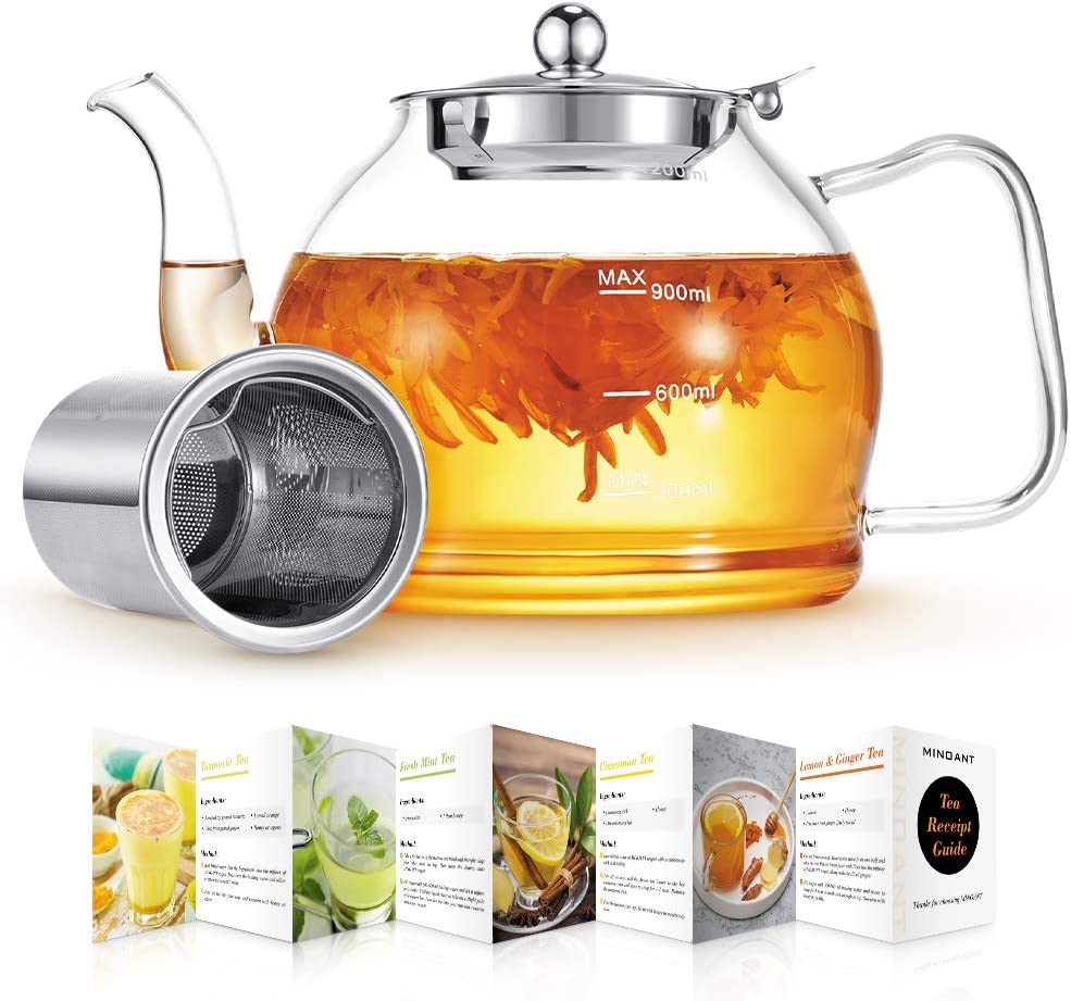 MINO ANT Tea Set ¨C 1200ml Glass Teapot with Removable Stainless Steel Infuser, and 4 Glass Teacups, Stovetop Safe Tea Kettle Gift Set, Blooming and Loose Leaf Tea Maker Set