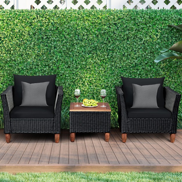 Costway 3 Pcs Outdoor Patio Rattan Bistro Furniture Set Wooden Table Top Cushioned Sofa Black Brown