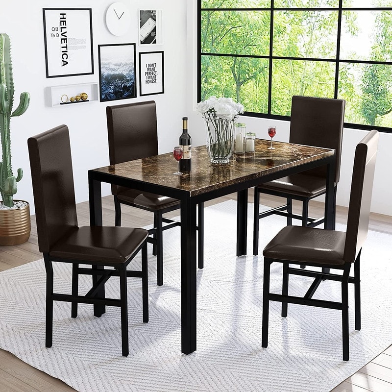 Modern Faux Marble 5 Pieces Kitchen Dining Set with 4 Cushion PU Leather Chairs