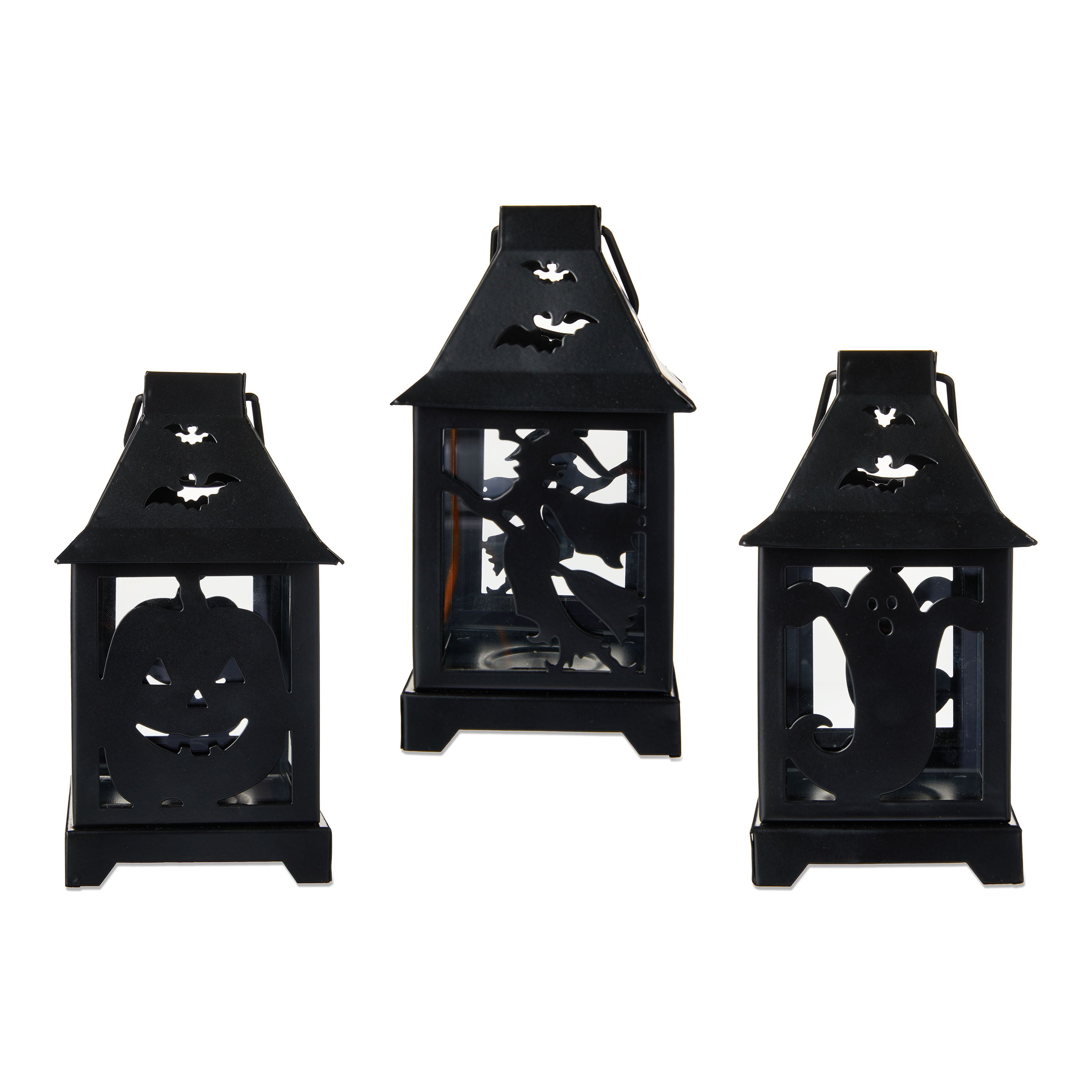 Way To Celebrate Halloween Metal and Glass Tea Light Holder Decoration， Ghost， Witch and Pumpkin， Set of 3， 7.5