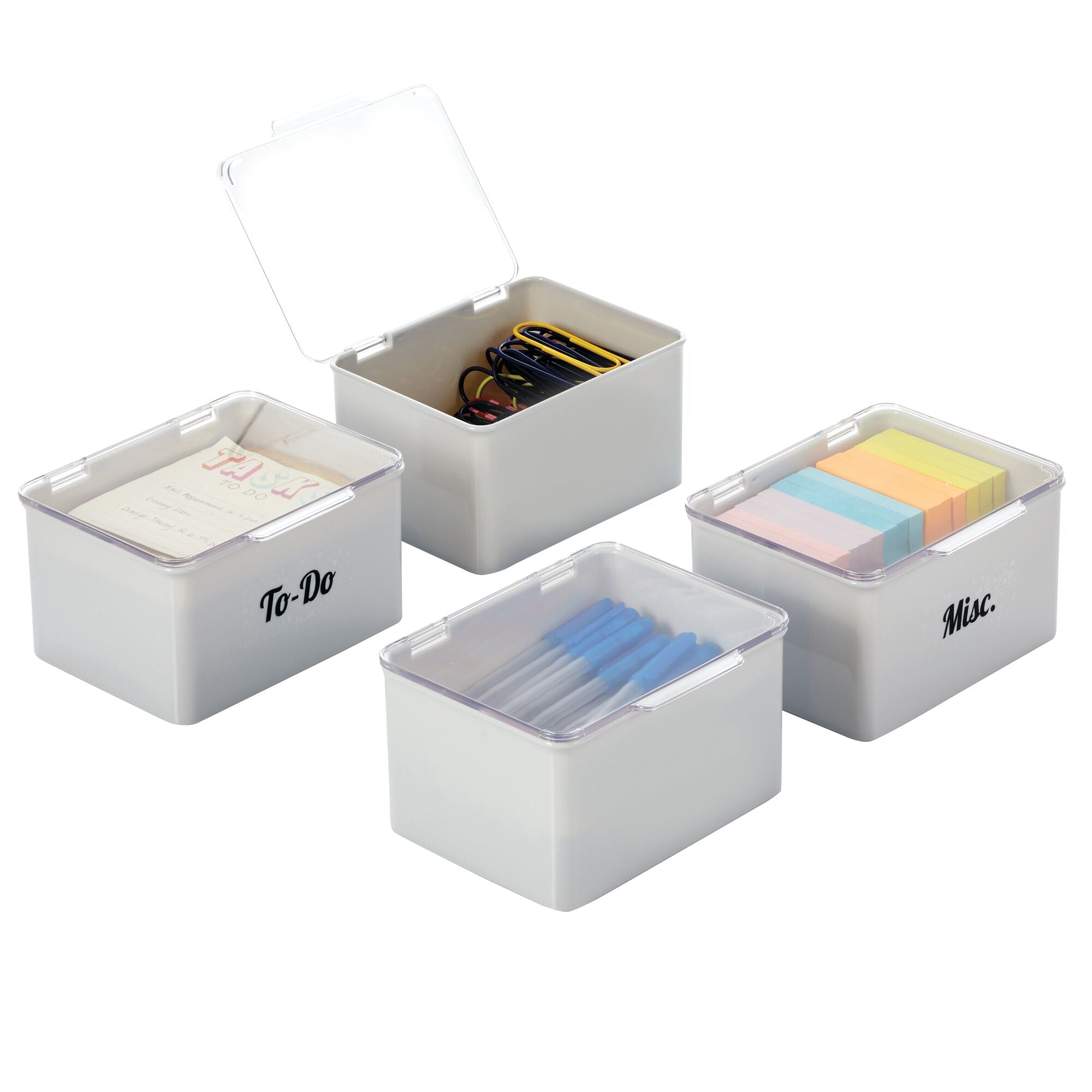 mDesign Plastic Stackable Home, Office Supplies Storage Organizer Box with Hinged Lid - for Note Pads, Pens, Staples, Dry Erase Markers, Tape - 6.6 Inches Wide, 4 Pack, 32 Labels - Light Gray/Clear