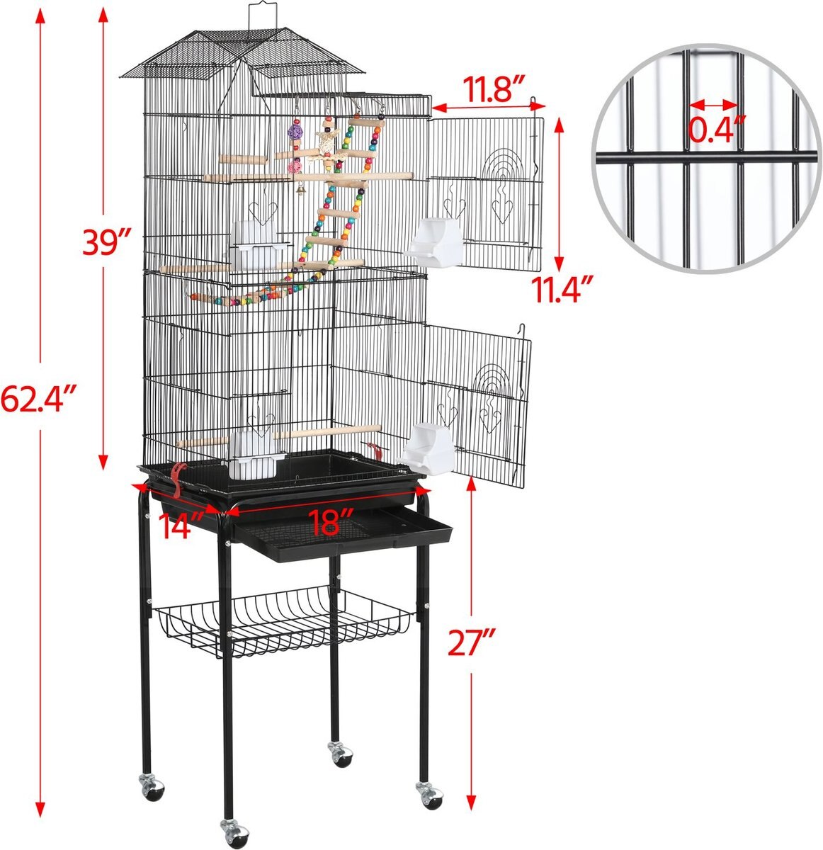 Yaheetech Rolling Metal Detachable Stand Bird Cage， Black