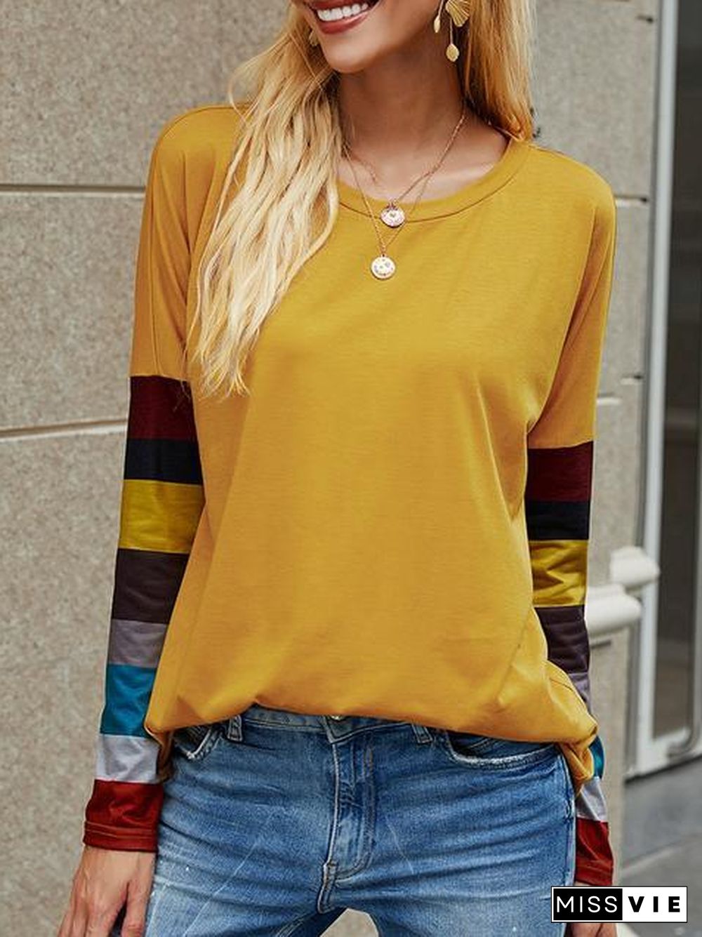 Casual Round Neck Striped Long Sleeve T-Shirt