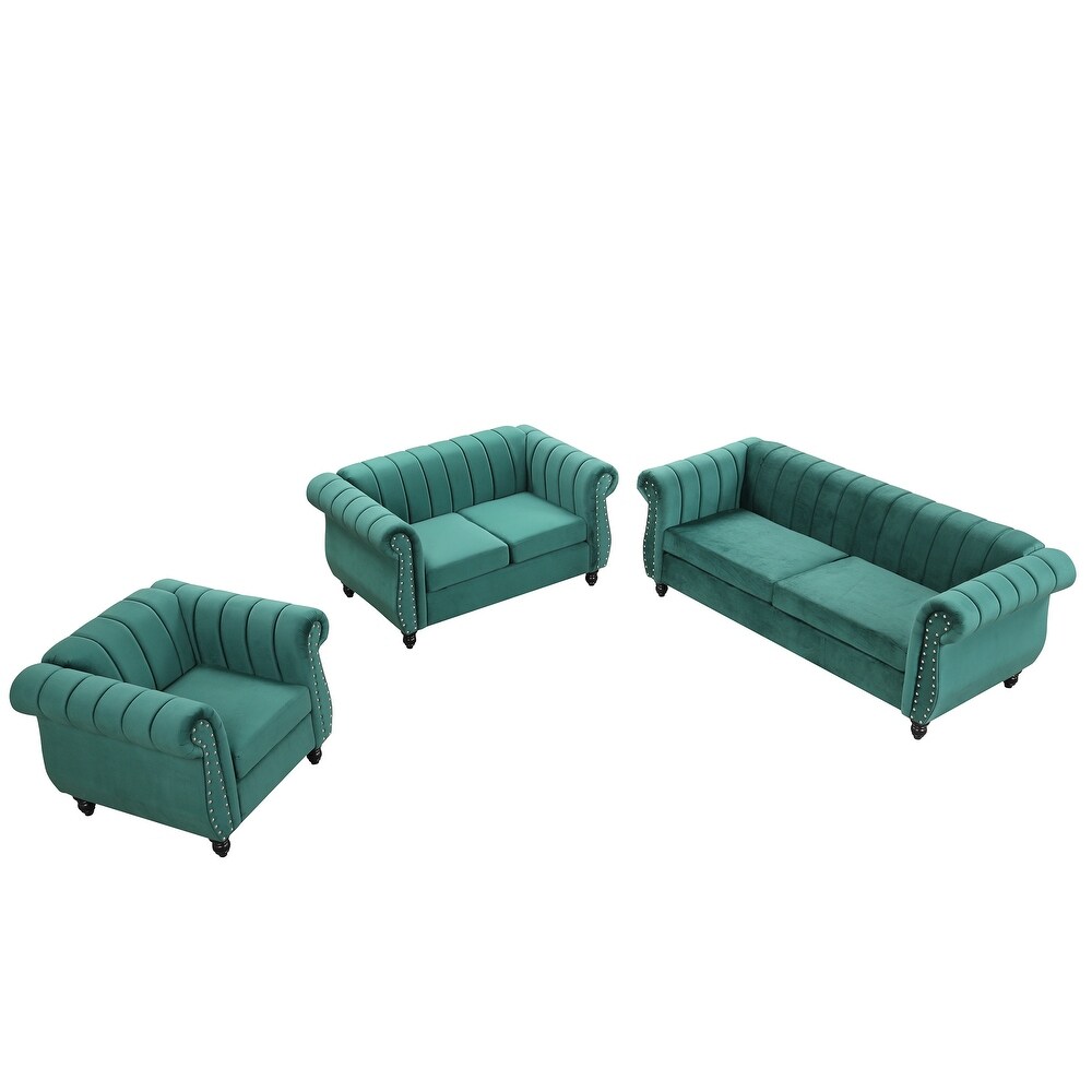 Three Piece Velvet Upholstered Sofa Set 3 Seater Sofa Loveseat and Single Couch Set with Button Tufted Backrest Solid Wood Legs