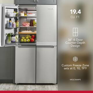 KitchenAid 19.4 cu. ft. 36 in. W Counter-Depth 4-Door Refrigerator with PrintShield Finish KRQC506MPS