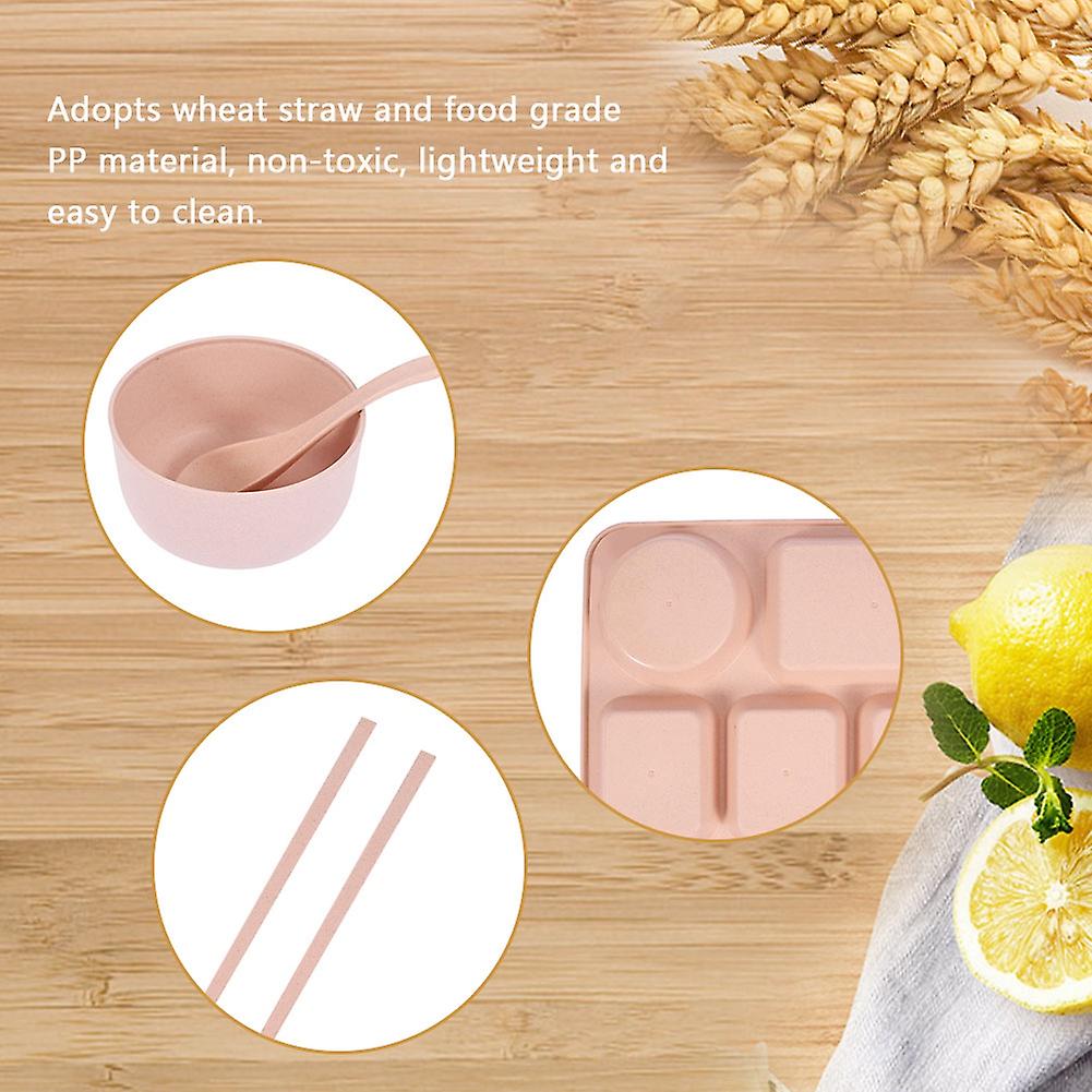 5-sections Wheat Straw Divided Dinnerware Tableware Set For Students (pink)