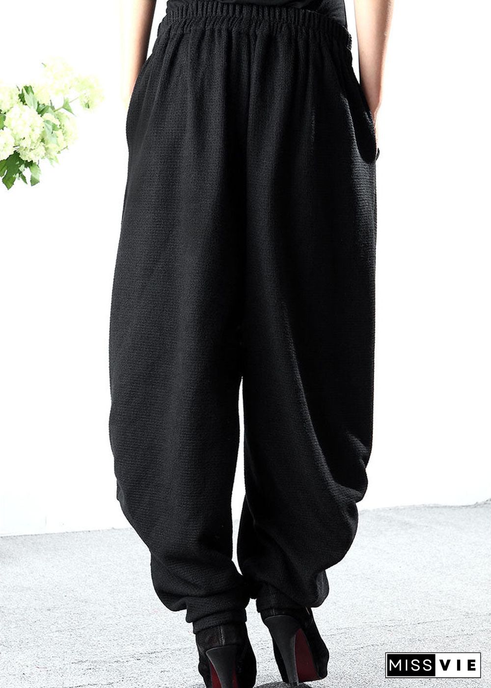 Bohemian Black wrinkled Pockets Knit Pants Winter