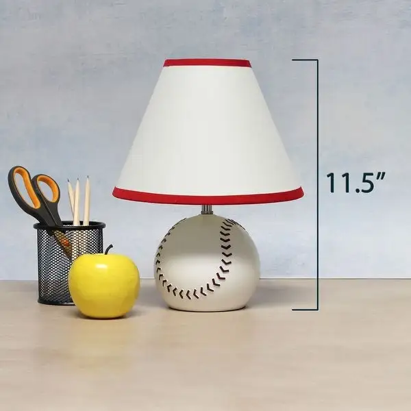 Simple Designs Athletic Sports Baseball Base Ceramic Bedside Table Desk Lamp with White Empire Fabric Shade with Red Trim