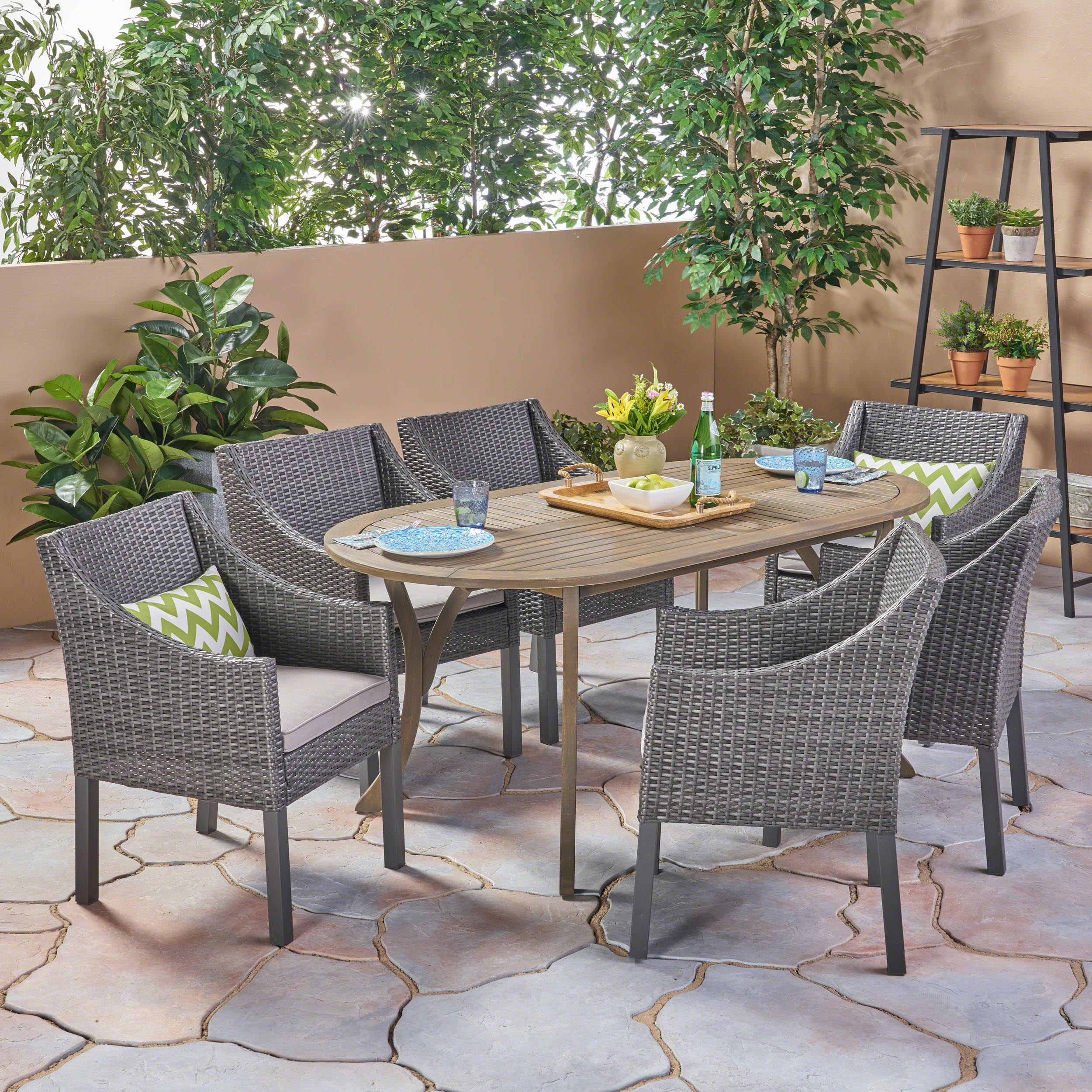 Pettit Outdoor 7 Piece Wood and Wicker Dining Set, Gray Finish and Gray