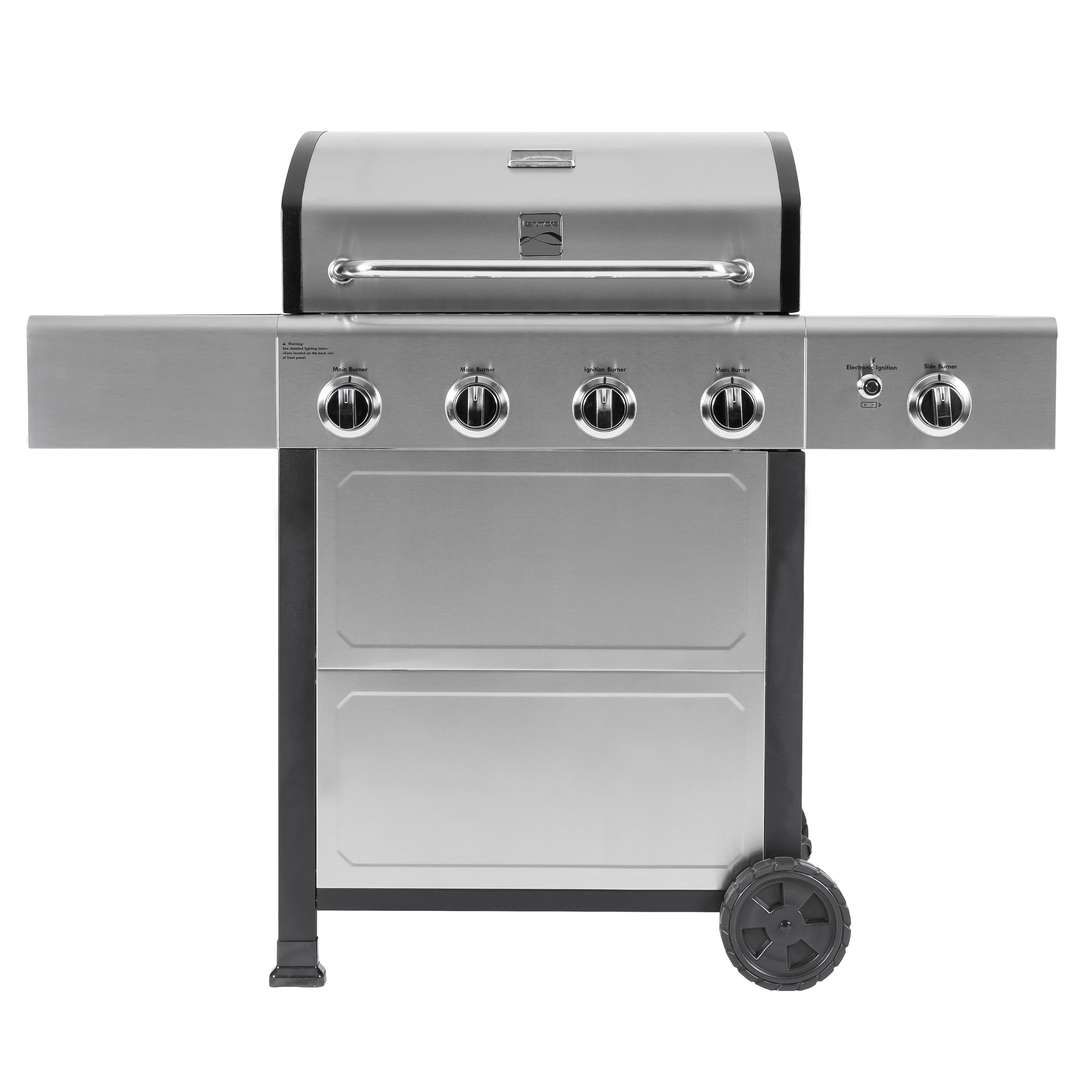 4-Burner Outdoor Propane Gas Grill with Side Burner， Open Cart， Stainless Steel