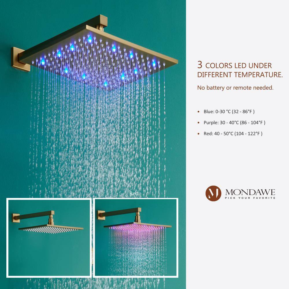 Mondawe Luxury LED Thermostatic 3-Spray Patterns 12 in. Wall Mount Rain Dual Shower Heads with 6-Jet in Brush Gold WF-6374-12-BG