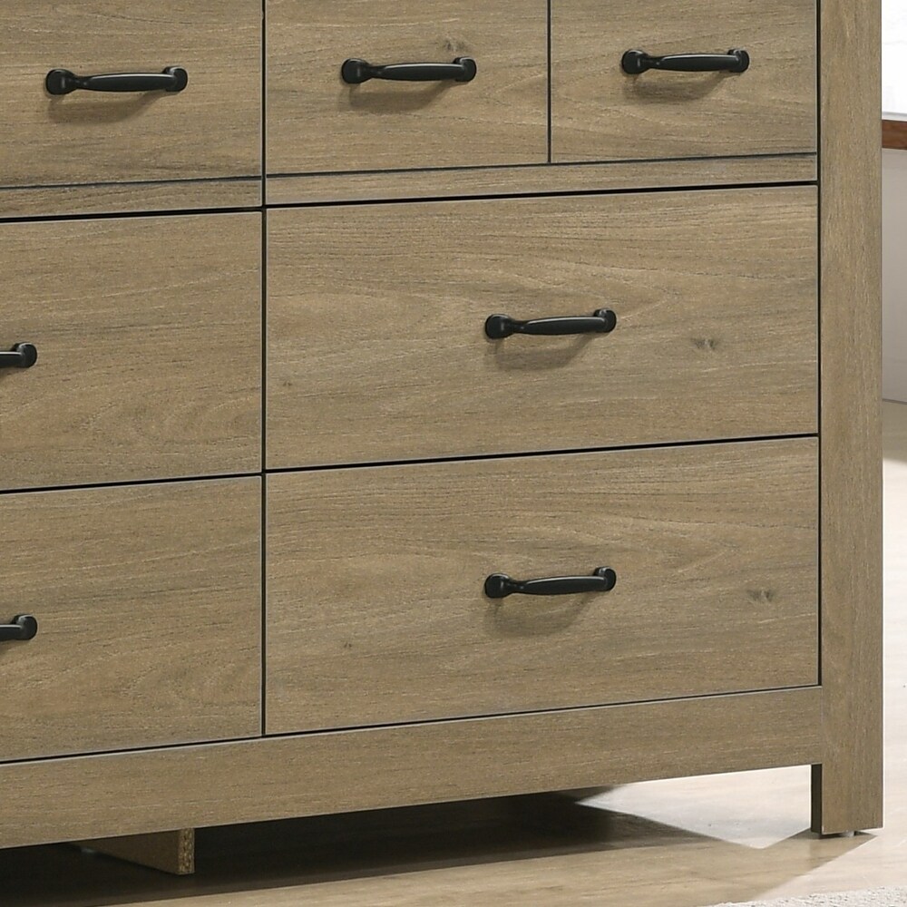 Oak Finish Dresser with 6 Drawers and Black Handles