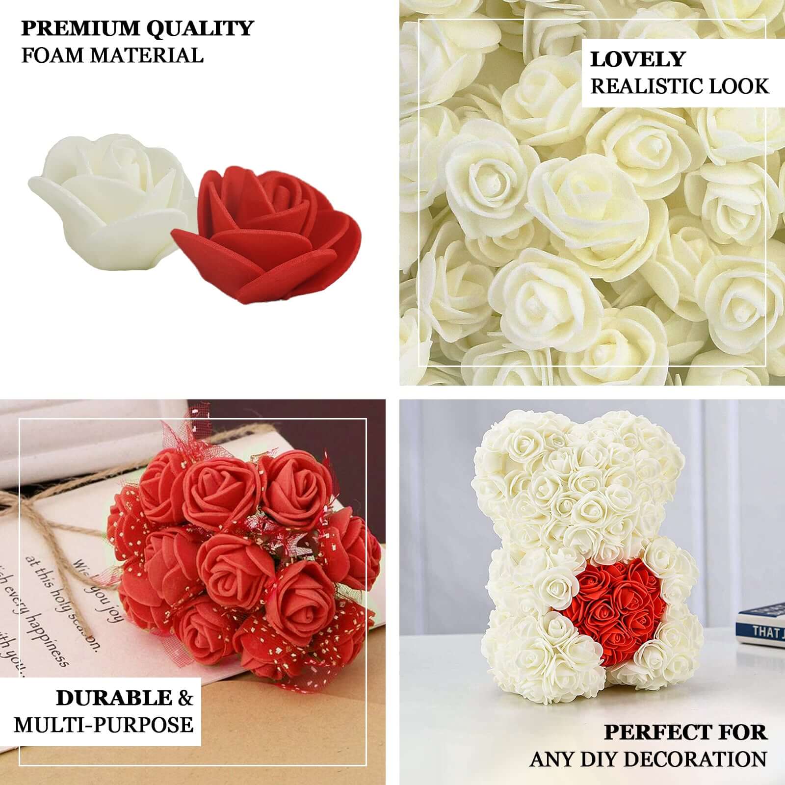 48 Roses White Real Touch Artificial DIY Foam Rose Flowers With Stem, Craft Rose Buds 1