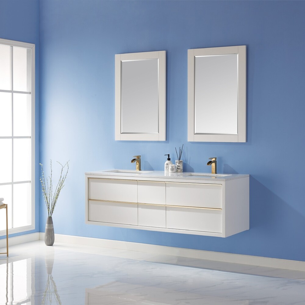 Altair Morgan Double Bathroom Vanity Set in White and Aosta White Countertop with Mirror