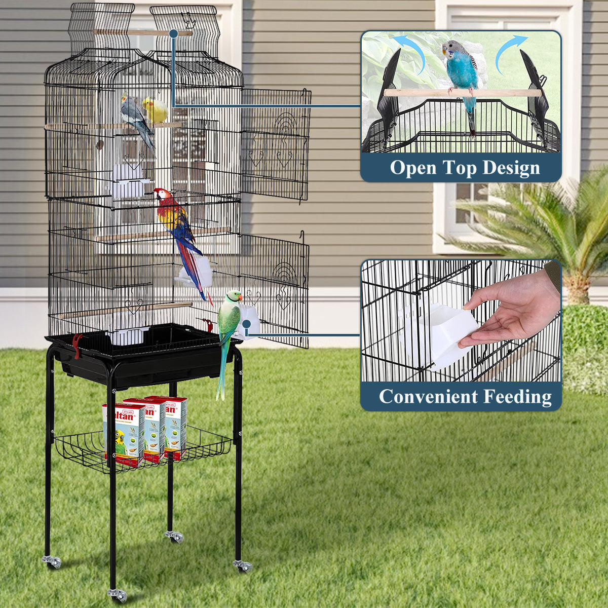 Dkeli Bird Cage with Stand Parrot Cages for Large Birds Parakeet Cage with Play Top and Rolling Stand for Medium Canaries， Lovebirds， Cockatiels， Parrots