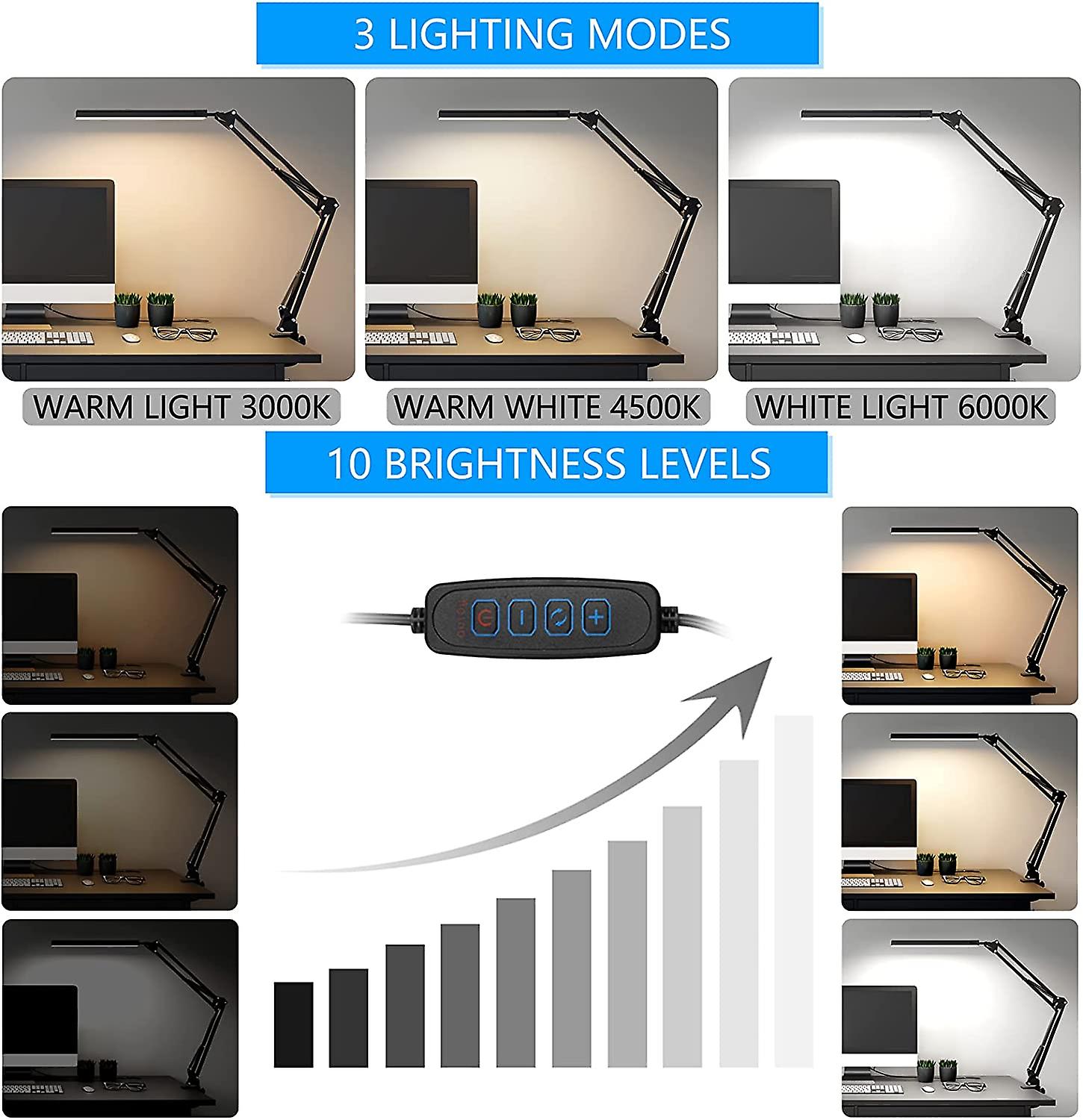 Led Desk Lamp， Swing Arm Desk Light With Clamp， 3 Lighting 10 Brightness Eye-caring Modes， Reading Desk Lamps For Home Office 360 Degree Spin With Usb