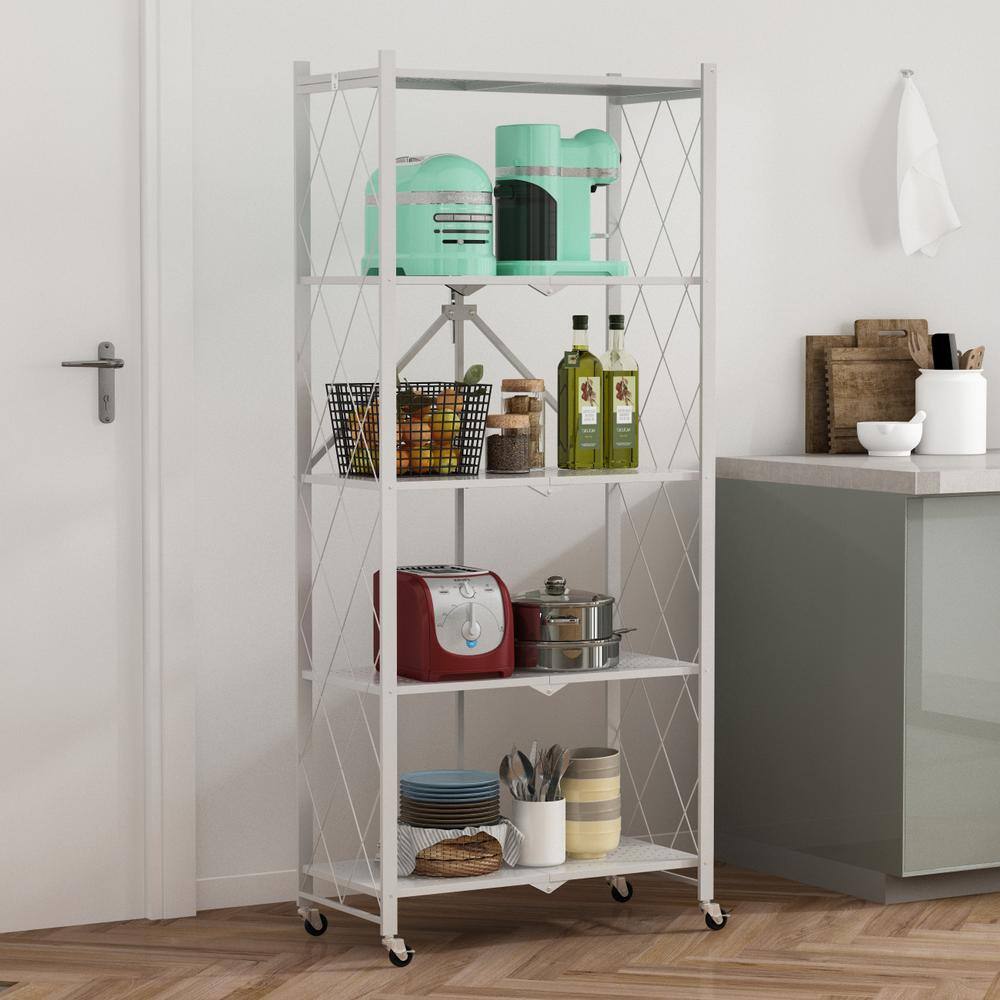 FUFUGAGA 64.3 in. H White Metal 10-Shelf Freestanding Standard Bookcase Foldable Metal Shelf Shelving Unit With Wheels KF210019-04-xin