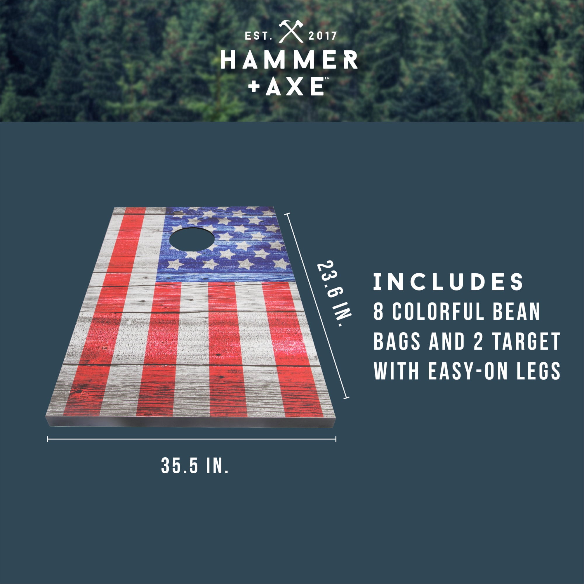 Hammer + Axe Wooden Bean Bag Cornhole Game, USA Edition, Includes 8 Bean Bags, two 3'x2' Boards