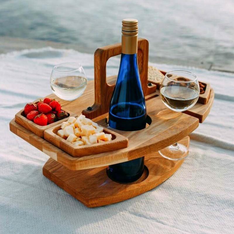 UMMH Folding Picnic Table Outdoor Wine Picnic Table Outdoor Beach Bar Table Snack And Cheese Tray With 2 Wine Glasses Holder