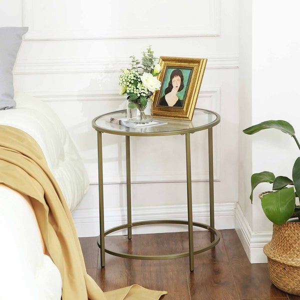 Round Side Table， Tempered Glass End Table with Golden Metal Frame， Small Coffee Table， Bedside Table， Living Room， Balcony