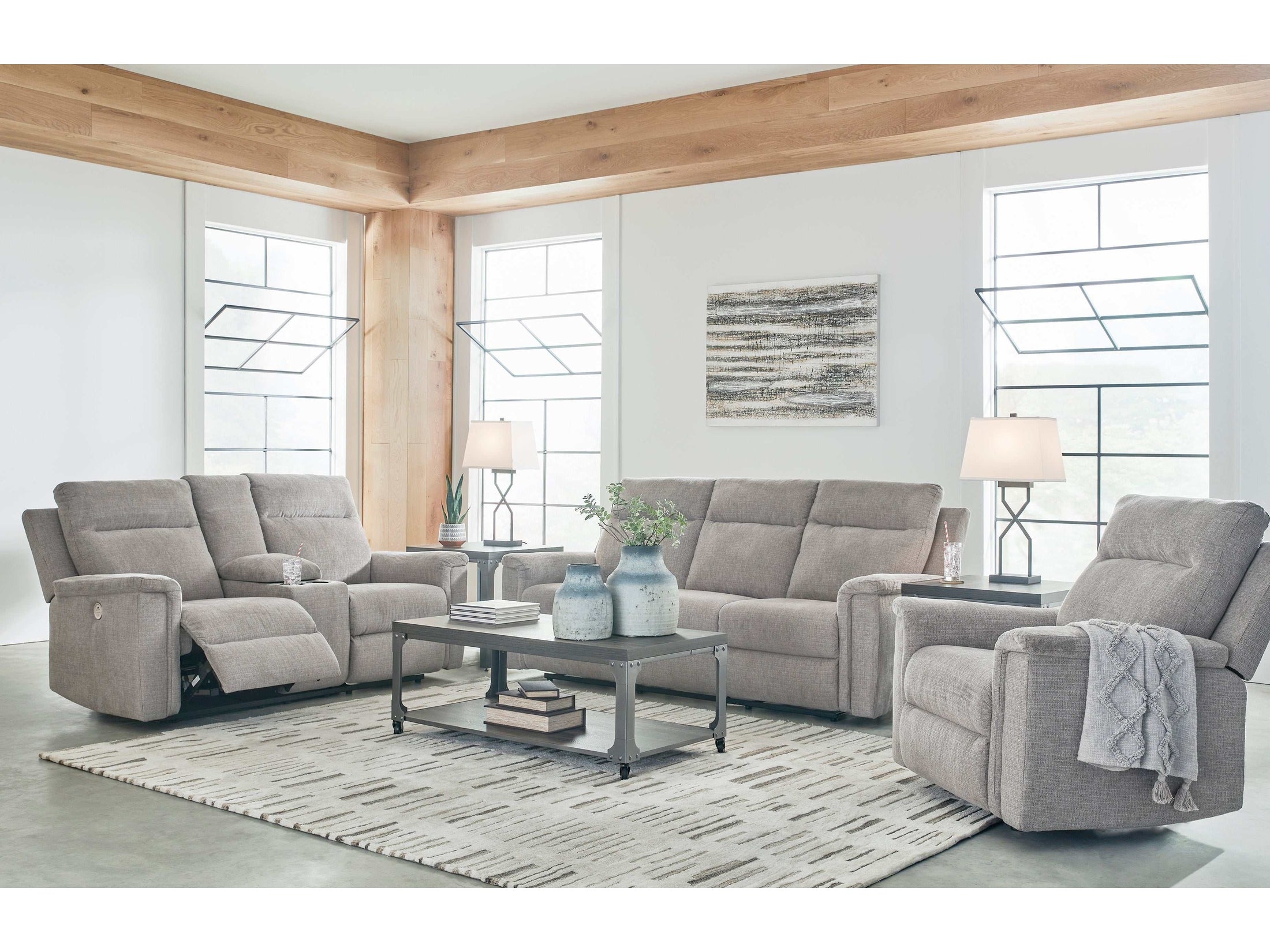 (Online Special Price) Barnsana Ash Micro Chenille Power Reclining Living Room Set / 3pc