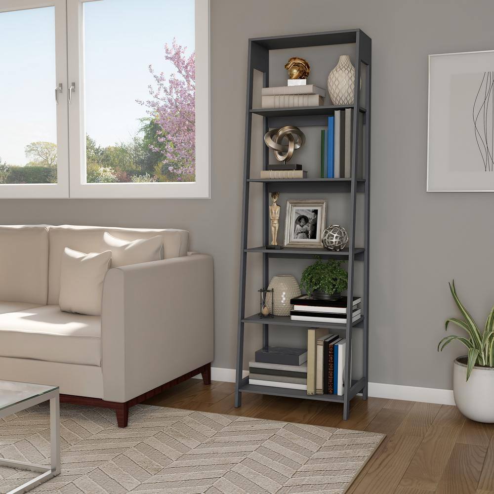 71 in. Gray Wooden 5-Shelf Leaning Ladder Bookcase 335226UNF