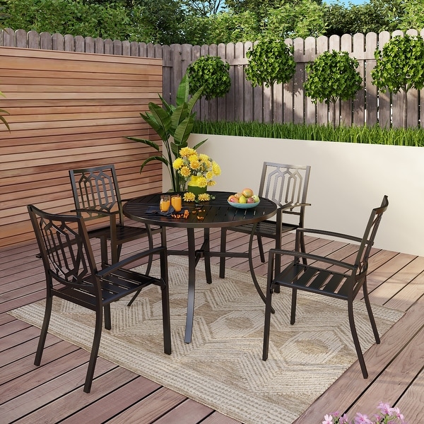 MAISON ARTS 5Piece Geometrically Stamped Round Table and Stackable Dining Chairs Outdoor Dining Set