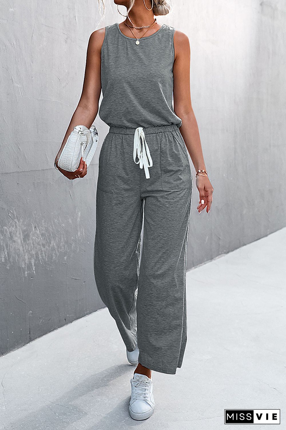 Solid Sleeveless Drawstring Waist Jumpsuit Wholesale