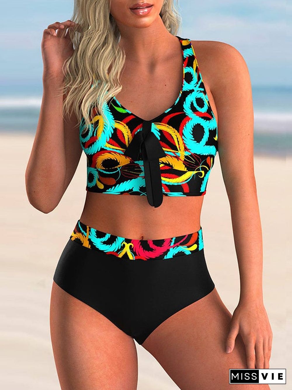 Women Off-shoulder V-neck Graphic Tankini Swimwear