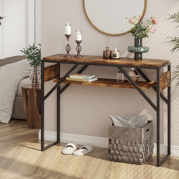 Farmhouse Console Sofa Table Entry Table with 2 Tier Shelves