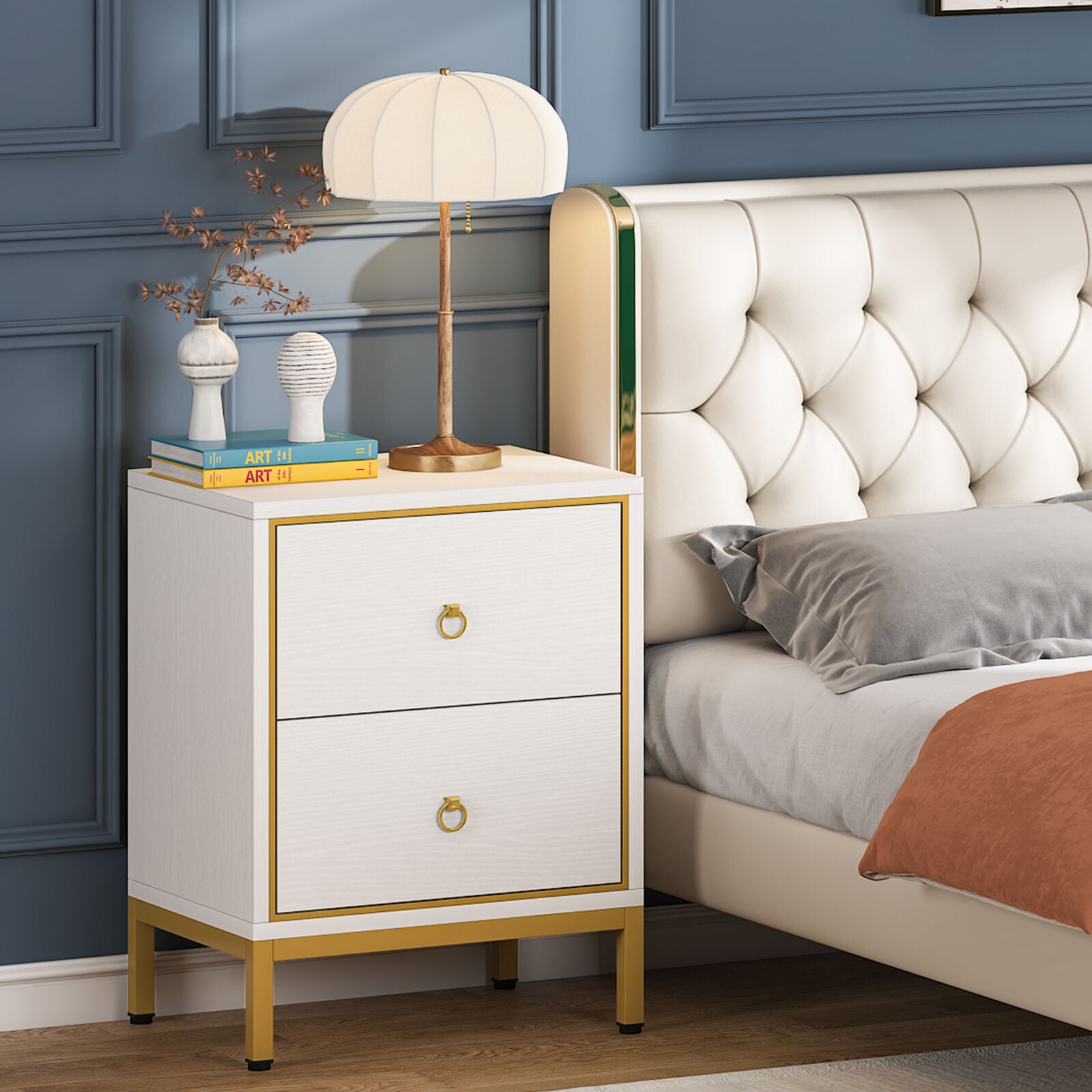 Tribesigns Nightstand with 2 Drawers, White + Gold Bedside End Table for Bedroom, Living Room