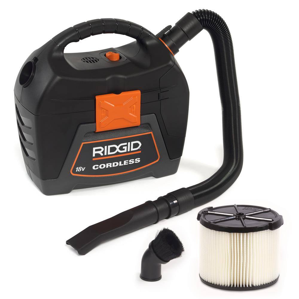 RIDGID 3 Gallon 18-Volt Cordless Handheld WetDry Shop Vacuum (Tool Only) with Filter Expandable Locking Hose and Accessories WD0319