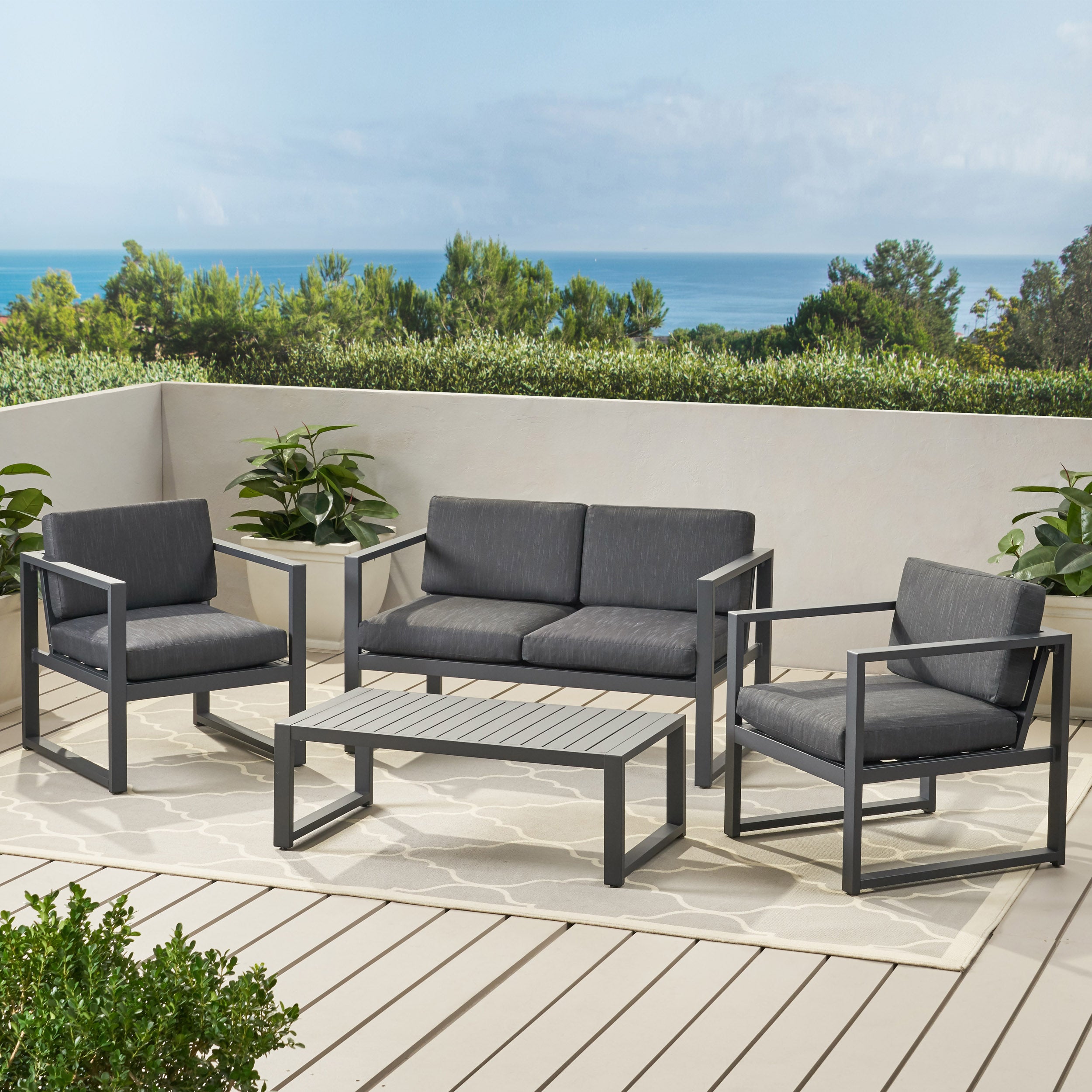 Nealie Modern Outdoor 4-Piece Dark Gray Aluminum Chat Set with Cushions