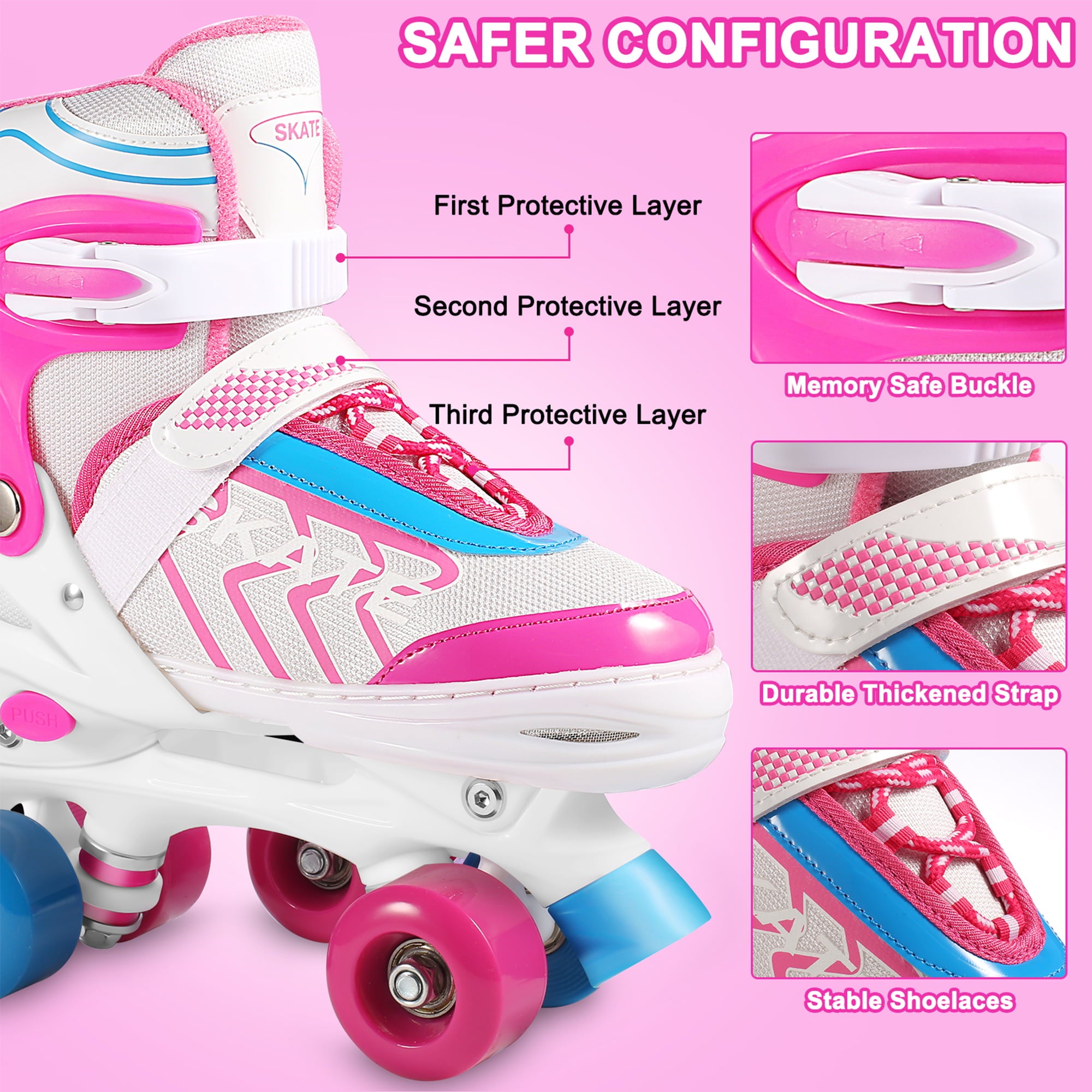 Kids Roller Skates Adjustable Pink M Size Comfortable Breathable and PVC Quad Roller Skates Suitable for Boys and Girls/Beginners Indoor and Outdoor