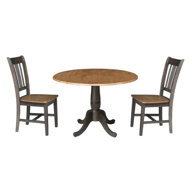 Jordan Round Dual Drop Leaf Dining Table With 2 Splat Back Chairs Hickory washed Coal International Concepts