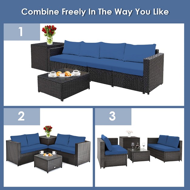 Costway 4pcs Patio Rattan Furniture Set Cushioned Loveseat Storage Table Navy