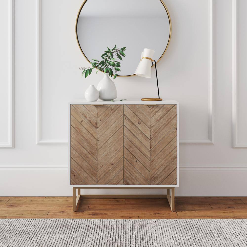 Nathan James Enloe White Frame with Brown Rustic Doors and Gold Base Free Standing Modern Storage Cabinet for Entryway or Living Room 71201