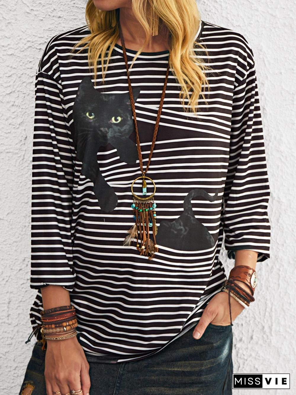 Plus size Stripes Casual Long Sleeve Tops