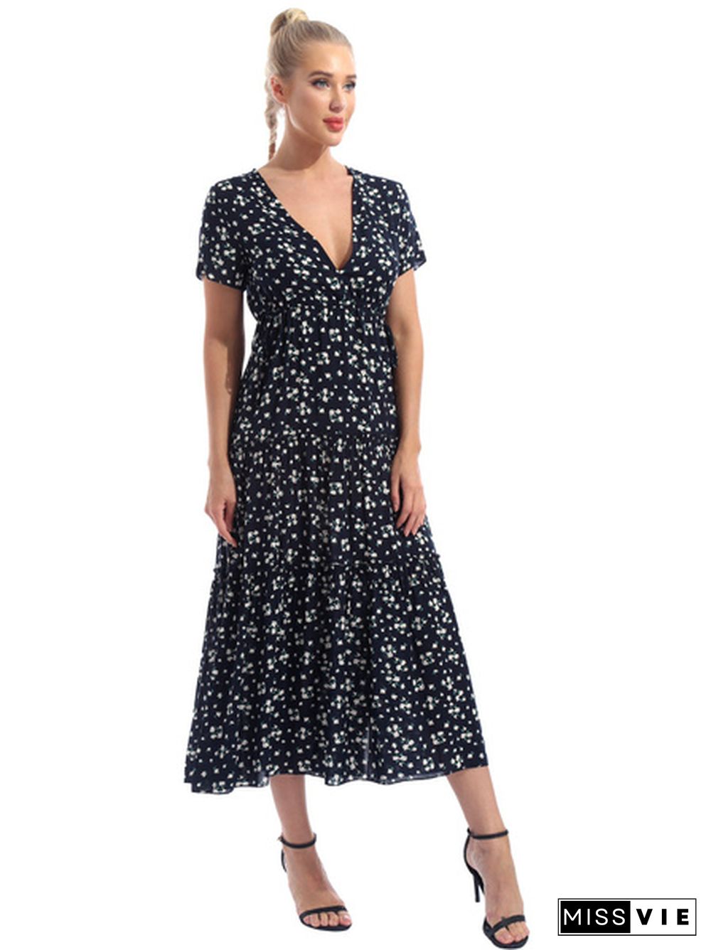 Sexy Women's Boho Pattern Print Short Sleeves Floral Print Drawstring High Waist Sash Ruffle Hem Cotton Long Maxi Dress #S-XL