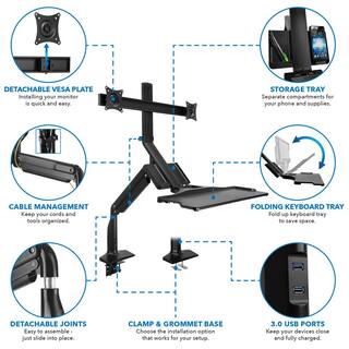 Mount-It 26 in. Rectangular Black Standing Desk Converter with Dual Monitor Arm Mount and Phone Holder MI-7984