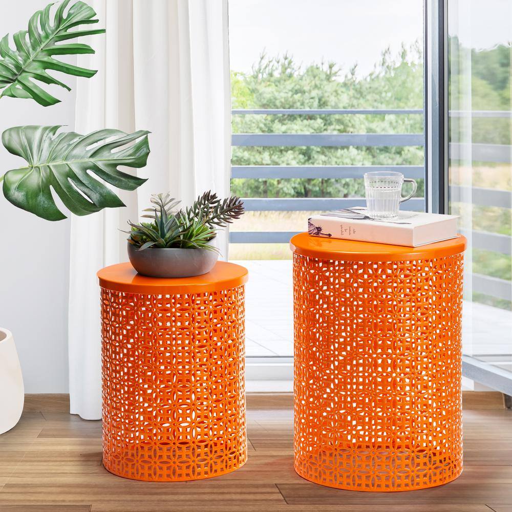 Glitzhome Multi-Functional Metal Orange Garden Stool or Plant Stand or Accent Table (Set of 2) 2003800007