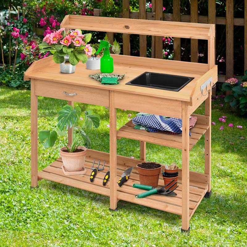 Outdoor Patio Potting Bench Table with Sink, Drawer, Shelves & Hooks, Fir Wood Garden Work Bench Workstation