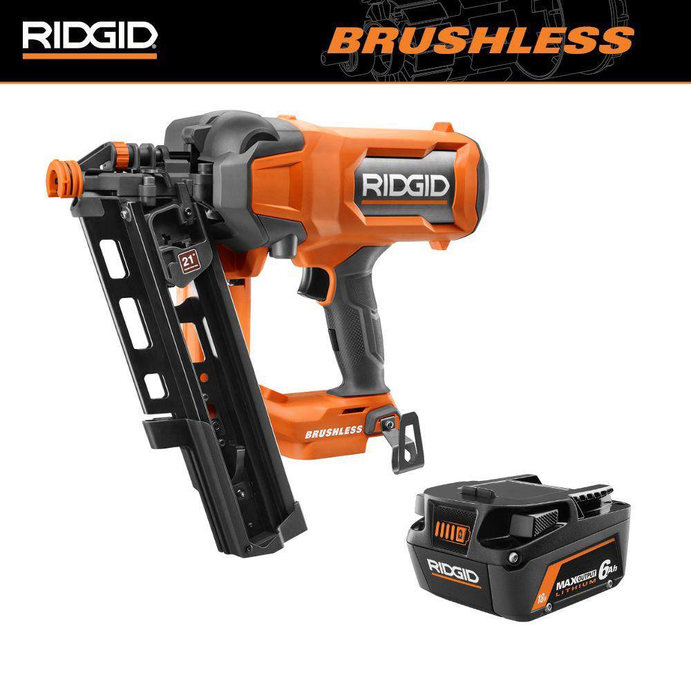 RIDGID 18V Brushless Cordless 21 3-12 in. Framing Nailer with 18V 6.0 Ah MAX Output Lithium-Ion Battery R09894B-AC840060