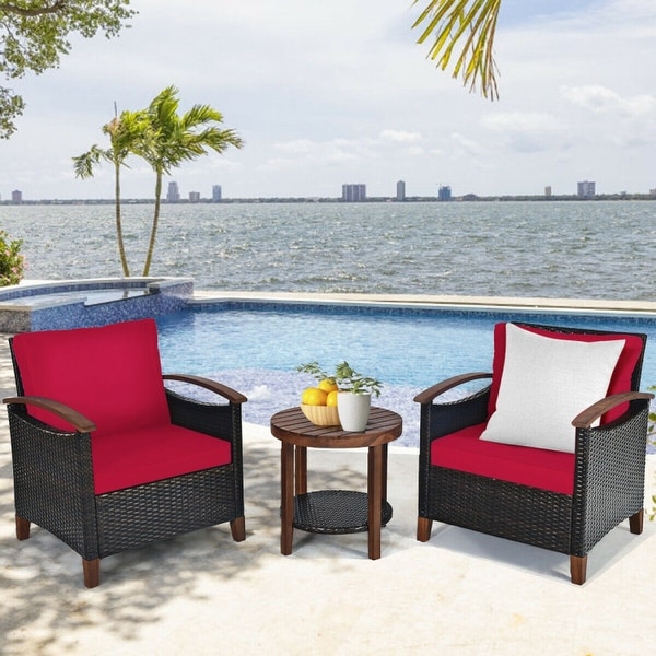 3Piece Patio Rattan Furniture Set with Solid Wood Frame